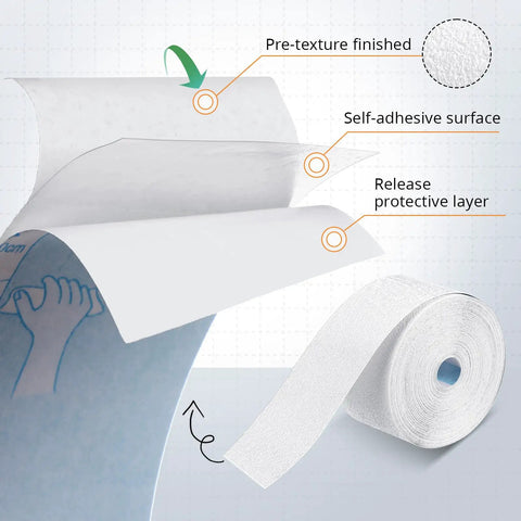 Self Adhesive Drywall Joint Tape 1.5 Inch By 32 Foot Textured Roll showing adhesive surface and protective layer
