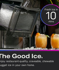Countertop Nugget Ice Maker With WiFi Connectivity For Smart Home Kitchens Fast Chewy Ice On Tap Black Stainless Finish Compact Ice Machine Perfect For Drinks And Entertaining dispensing ice into glasses with drinks.