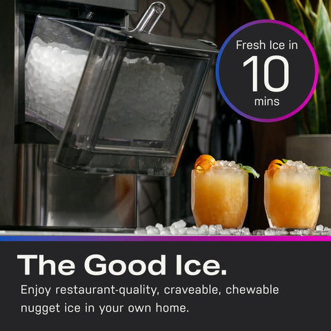 Countertop Nugget Ice Maker With WiFi Connectivity For Smart Home Kitchens Fast Chewy Ice On Tap Black Stainless Finish Compact Ice Machine Perfect For Drinks And Entertaining dispensing ice into glasses with drinks.