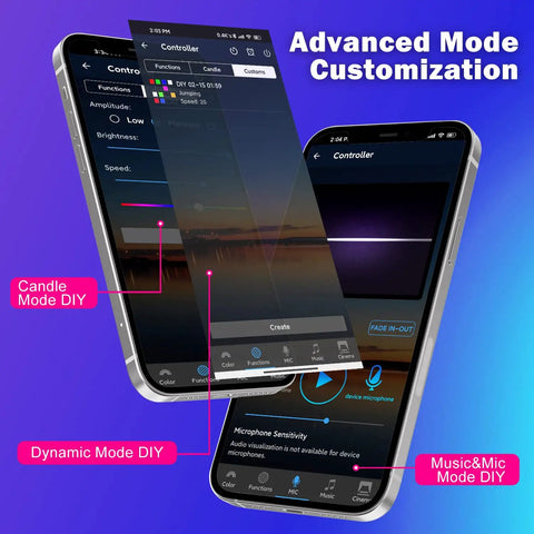 App interface for 105ft Outdoor RGB LED Strip Lights With IP65 Waterproof Controller, showing advanced mode customization options.