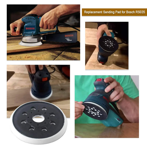 5 Inch 8 Hole Hook And Loop Replacement Sander Pad for Random Orbit Sanders used on wood surface, compatible with ROS series.
