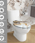 Elongated Toilet Seat White for Bathroom on modern toilet, features slow close mechanism and easy clean design.