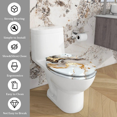 Elongated Toilet Seat White for Bathroom on modern toilet, features slow close mechanism and easy clean design.