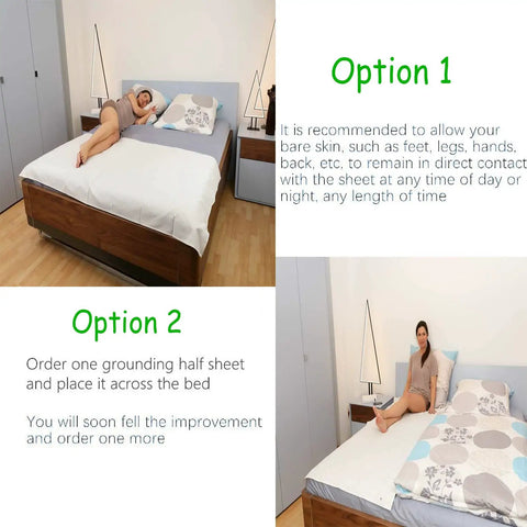 Person relaxing on bed with Grounding Mat With Grounding Cord And Organic Cotton Conductive Silver Fiber For Sleep Boost 77 By 88 Inches Grounding Sheets Real Earth Energy Sleep Aid For Restful Nights And Everyday Comfort.