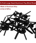 50 Pack Black Aluminum Tri Fold Exploding Pop Rivets Three Sixteenths Inch Grip shown in a scattered pile