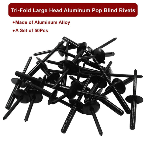 50 Pack Black Aluminum Tri Fold Exploding Pop Rivets Three Sixteenths Inch Grip shown in a scattered pile