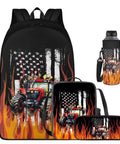 Kid Friendly Flame Red White Tractor Themed Backpack Set With Insulated Lunch Bag Water Bottle Holder And Pencil Case