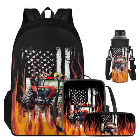 Kid Friendly Flame Red White Tractor Themed Backpack Set With Insulated Lunch Bag Water Bottle Holder And Pencil Case