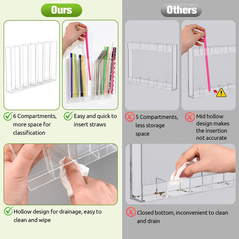 Comparison of Adhesive Cabinet Door Mount Acrylic Straw Holder With Six Jumbo Compartments and others, showing features and usability.