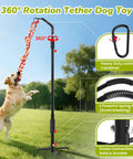 360 Degree Rotation Tether Dog Rope Toy Set For Solo Yard Park Play with dog jumping, rope toy, pole, and carabiner close-up