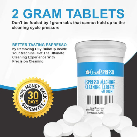 2 Gram Cleaning Tablets For Espresso Machines, 40 Count Pack, Breville Compatible bottle and tablets on display