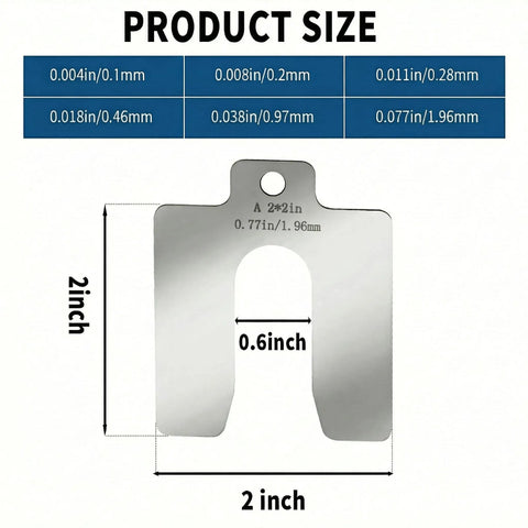 Image showing a stainless steel shim from the Stainless Steel Shim Kit Set For DIY Pros, 60 Slotted 2x2 Shims, for machine leveling.