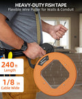 240 Ft Heavy Duty Flat Steel Fish Tape With Thumb Brake And Ergonomic Handle for smooth wiring in PVC pipes and wall studs.