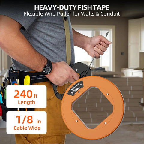 240 Ft Heavy Duty Flat Steel Fish Tape With Thumb Brake And Ergonomic Handle for smooth wiring in PVC pipes and wall studs.