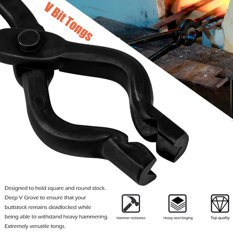 Close-up of V Bit Tongs from the Badass Wolf Jaw And V Bit Tongs Set For Forging And Knife Making Practical Blacksmith Tools