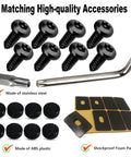 Black Anti Theft License Plate Screws Kit showing stainless screws, caps, inserts, and rattle proof pads