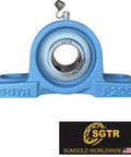 Blue pillow block bearing UCP205-16 with 1 in bore; self-aligning on cast-iron base.
