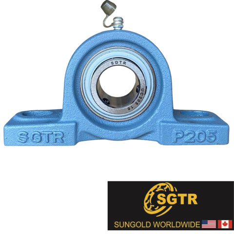 Blue pillow block bearing UCP205-16 with 1 in bore; self-aligning on cast-iron base.