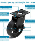 Beefy Heavy Duty 4 Inch Swivel Plate Caster Set Of 4 With Brakes, rust-resistant cast iron, smooth rolling ball bearings
