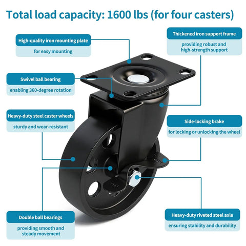 Beefy Heavy Duty 4 Inch Swivel Plate Caster Set Of 4 With Brakes, rust-resistant cast iron, smooth rolling ball bearings