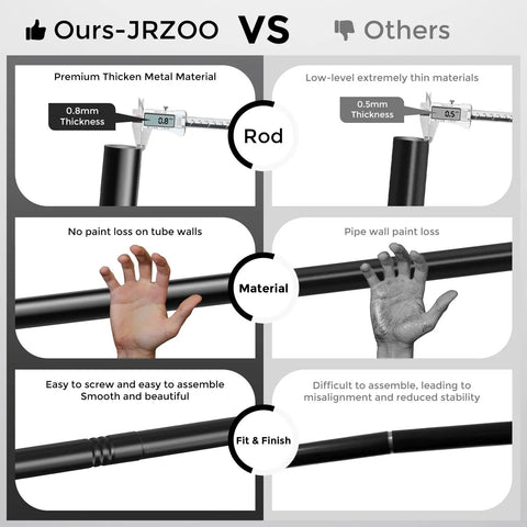 Comparison of Black 5/8 Inch Curtain Rod Set thickness and finish, showcasing premium material and smooth assembly quality.