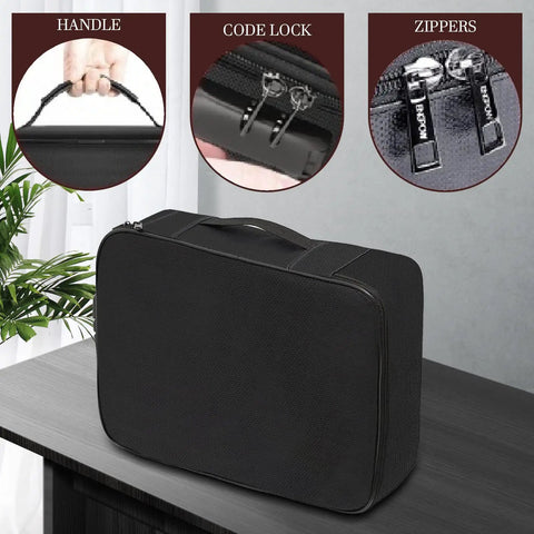 Fireproof Document Box With Lock Three Layer Organizer Bag For Passports Cash Valuables And Important Files with handle and lock close-up