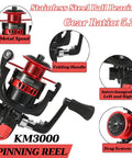 KM3000 spinning reel close-up with folding handle and metal spool for 6.9ft Telescopic Fishing Rod Set 2 Pack With Carbon Fiber Poles 2 Spinning Reels Carrier Bag Freshwater Rod And Reel Combo Portable Grab And Go Fishing Gear Kit For Beginners Red
