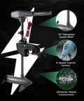 Saltwater Ready Kayak Trolling Motor 36 Lb Thrust Transom Mount With LED Battery Indicator, showing fiberglass shaft and control system