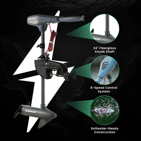 Saltwater Ready Kayak Trolling Motor 36 Lb Thrust Transom Mount With LED Battery Indicator, showing fiberglass shaft and control system