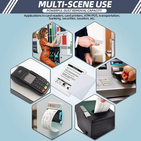 Multi-scene use of dual side card reader cleaning cards for CR80 terminals with images of POS and ATM devices.