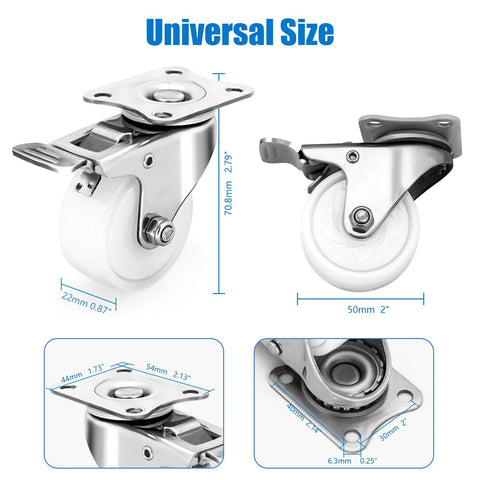 Front view of Fixhando 2-inch stainless steel caster wheels, set of 4 with white PA wheels and mounting plate