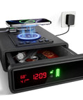 Biometric Gun Safe With Wireless Charging, 3 Quick Access Fingerprint Money Boxes, Compact Bedside Drawer Safe With 24 7 Digital Clock, No Hassle Nightstand Access And Secure Storage, Gifts For Men, showing phone charging on top and valuables inside drawer