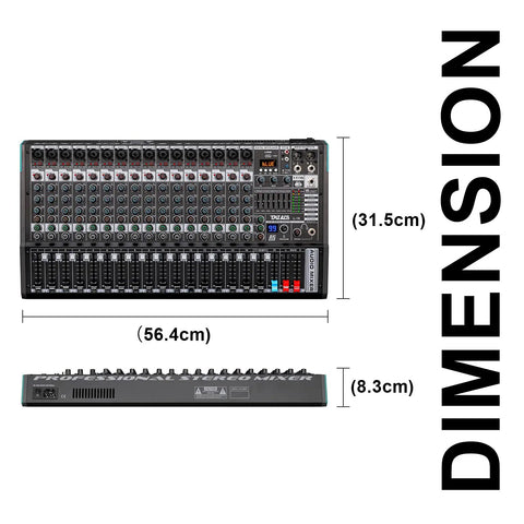 Dimensions of Gig Ready 16 Channel USB Audio Mixer With 48V Phantom Power, 99 DSP Effects, XLR Inputs, 2 Stereo Channels