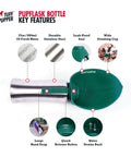 Big Dog Water Bottle Travel Dispenser 27 oz stainless steel with green leak-proof cup and detailed features labeled