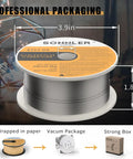 Three Packs Two Pound 0.035 Flux Core MIG Welding Wire For E71TGS Mild Steel with spool dimensions highlighted