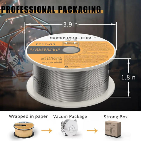 Three Packs Two Pound 0.035 Flux Core MIG Welding Wire For E71TGS Mild Steel with spool dimensions highlighted