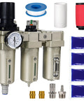 All In One 3/4 Inch NPT Industrial Air Compressor Dryer With Three Stage Water Separator Particulate Filter Coalescing Filter Desiccant Dryer Air Regulator And Auto Drain Built Tough For Heavy Duty Shop Use, shown in a complete parts view with drying, filtering components, regulator, and accessories.