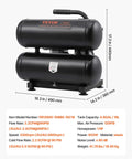 Heavy Duty Oil Free Air Compressor 4.6 Gallon Steel Tank 1 HP 120 Psi Max Ultra Quiet showing black steel design and dimensions.