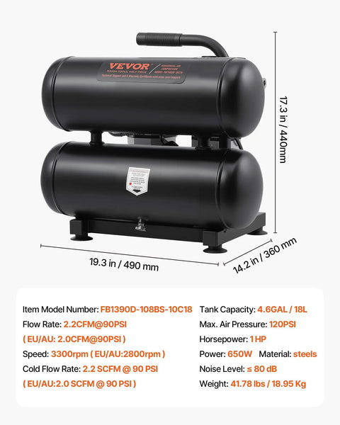 Heavy Duty Oil Free Air Compressor 4.6 Gallon Steel Tank 1 HP 120 Psi Max Ultra Quiet showing black steel design and dimensions.