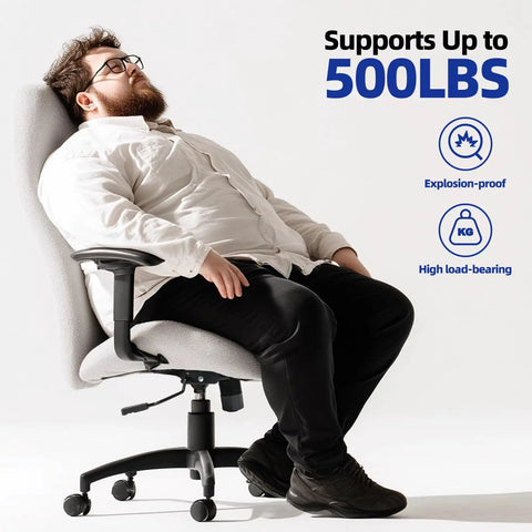 Man sitting on a chair illustrating Beefy Heavy Duty Office Chair Tilt Control Mechanism Replacement for Executive and Gaming Chairs, 500 lb Capacity.