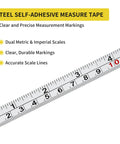 Close-up of Two Pack One Half Inch Wide Self Adhesive Measuring Tape With 78 Inch Or 200 cm Length Peel And Stick Ruler Featuring Imperial And Metric Scales And Left Right Reading For Workbench Table Saw And Drafting Table White with clear markings and dual scales.