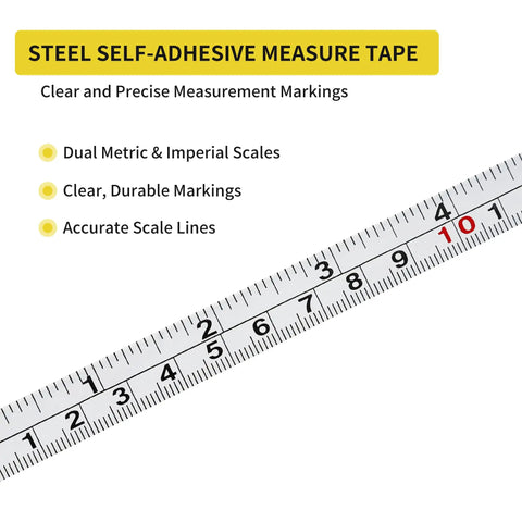 Close-up of Two Pack One Half Inch Wide Self Adhesive Measuring Tape With 78 Inch Or 200 cm Length Peel And Stick Ruler Featuring Imperial And Metric Scales And Left Right Reading For Workbench Table Saw And Drafting Table White with clear markings and dual scales.