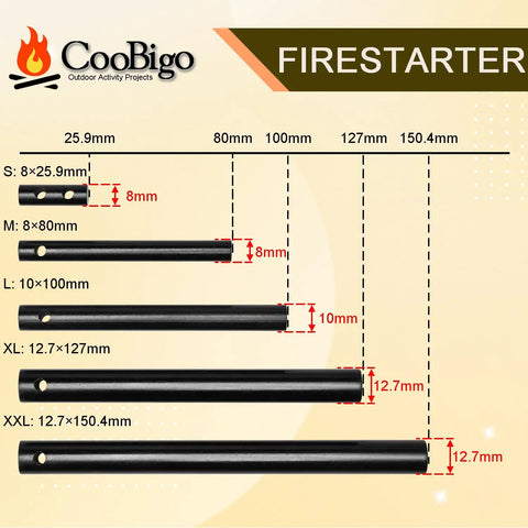 Size comparison chart for ferrocerium rods from S to XXL. Product focus keyword: Two Pack Ferrocerium Rod Fire Starters 3 By 4 Inch Flint Rods For Camping And Survival, Paracord Bracelet Keychain Lanyard DIY Outdoor Emergency Kit, Windproof Fire Steel For Quick Sparks In Any Weather.