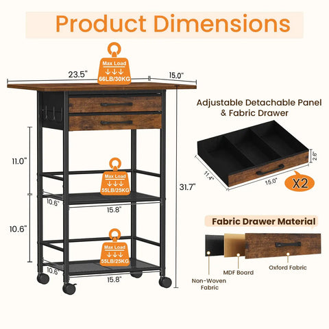 Dimensions of Five Tier Rolling Coffee Cart On Wheels With Two Large Drawers And Removable Dividers Extra Wide Coffee Bar Cart For Living Room Kitchen And Office Farmhouse Style Storage Station.