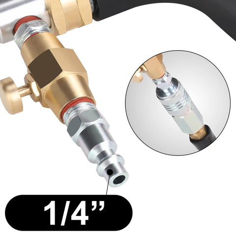 Close-up of a brass air adapter and pressure sprayer tip on Pro Grade Water Heater Cleaning And Flushing Tool Gun, 1/4-inch fitting.