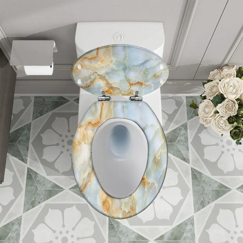 Elongated Toilet Seat for Bathroom with marble design, 14.5" x 18.5", fits most toilets, elegant and stylish.