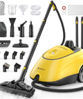 2-in-1 Heavy Duty Steam Mop 1500W Power, 1.4L Tank With 26 Accessories For Floors And Cars. High Temp Chemical-Free Cleaning With Child Lock, Easy Use Yellow close up with tools and attachments.