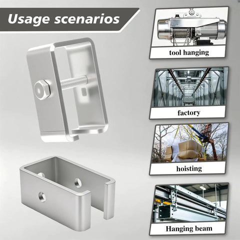 12 Pack Heavy Duty Channel Trolley Track Hanger Bracket For Unistrut Strut Channel showing usage in tool hanging and hoisting scenarios.