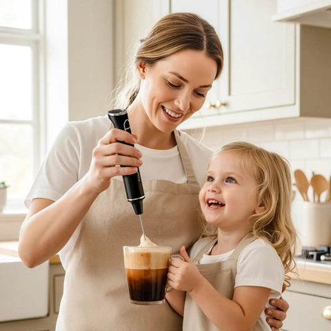 Woman using Rechargeable Milk Frother for Home Baristas With 1800mAh Battery, 9 Speeds And 3 Whisk Attachments to froth milk in a kitchen