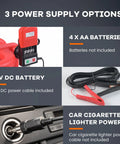 Image showing power supply options for Heavy Duty Battery Powered Fuel Transfer Pump Pulling 3.8 Gallons Per Minute including 12V DC and AA batteries.